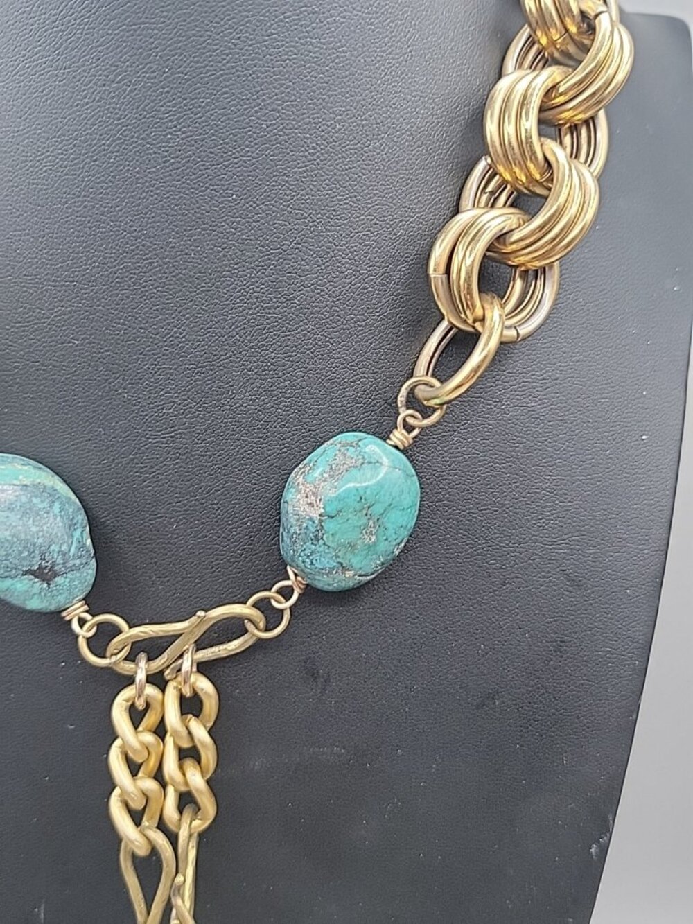 Vintage Turquoise Stone & Gold Chain Necklace Large Natural Turquoise Pendant - Picture 3 of 16